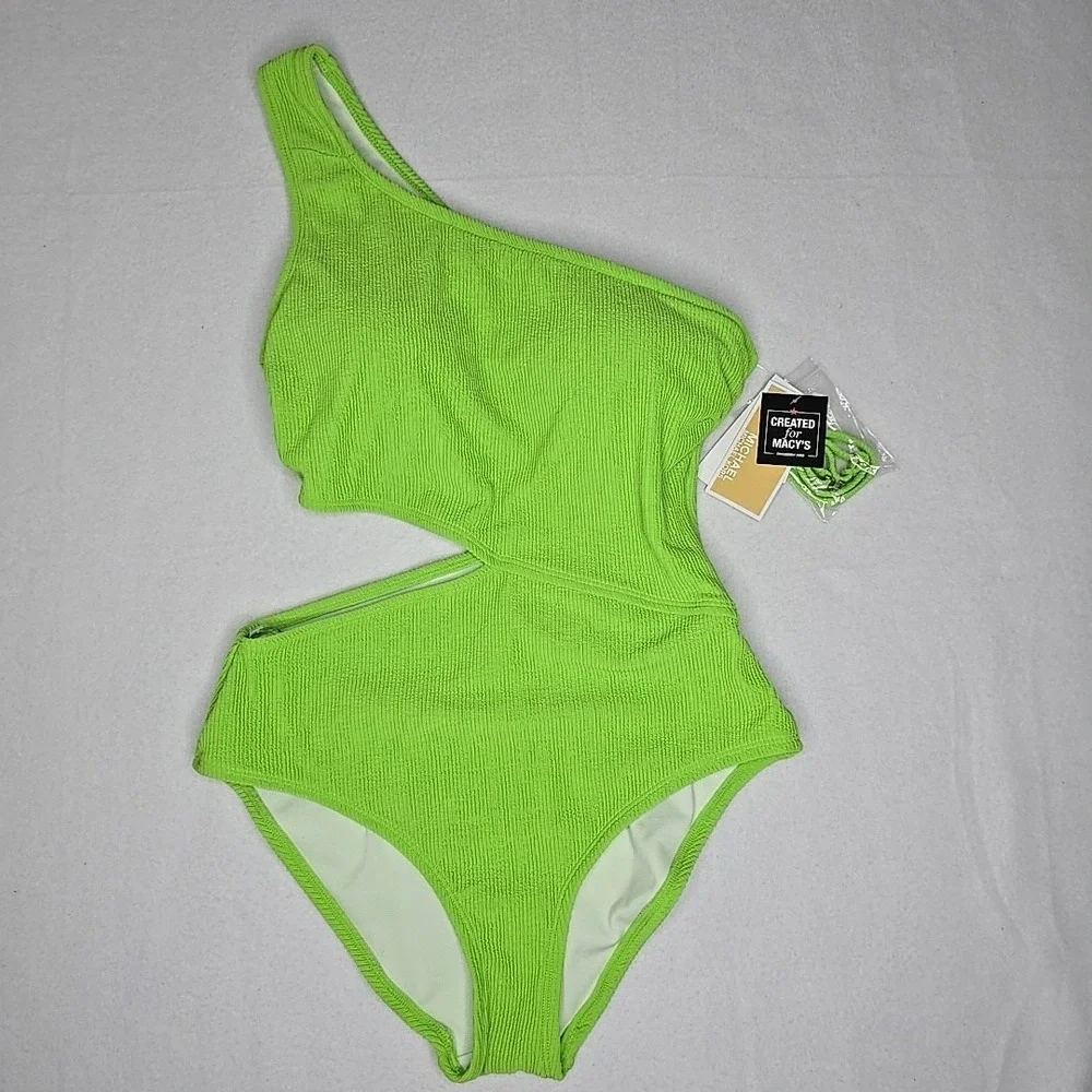 Michael Kors Size 12 One-Shoulder‎ Side-Cutout Swimsuit Green One Piece New